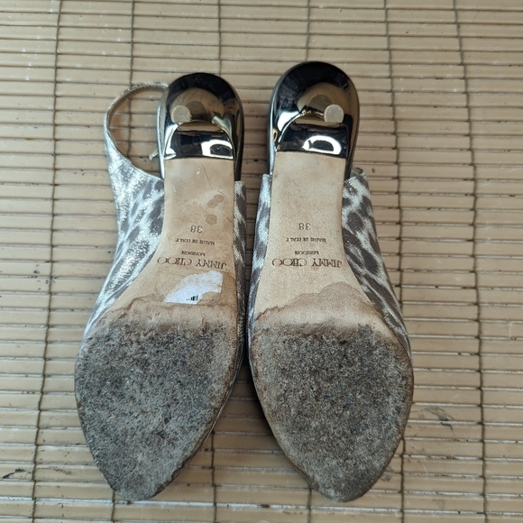 Jimmy Choo metallic mirror stiletto 4" heels, Open Toe Pumps Slingback Leopard W - Picture 10 of 11